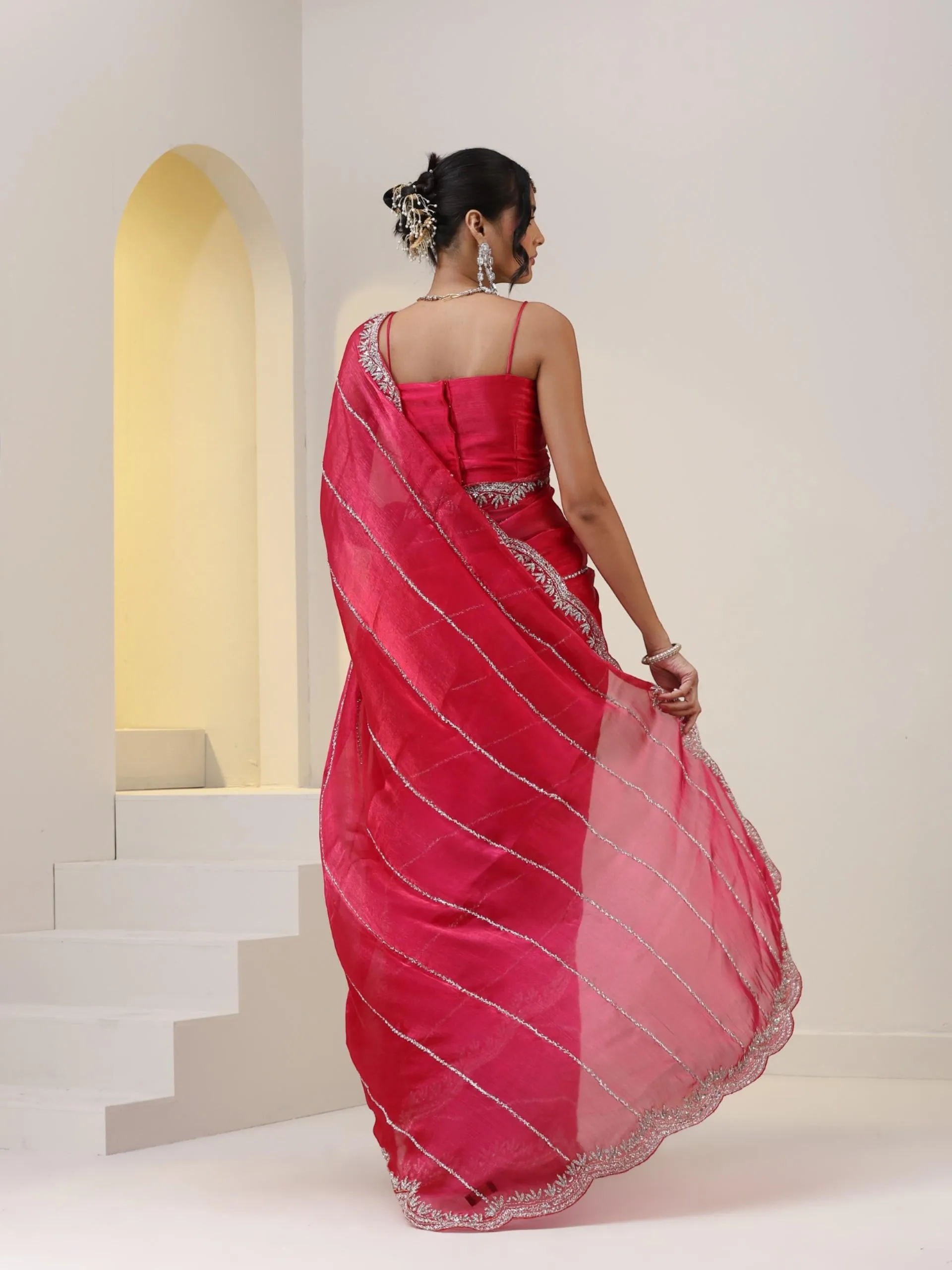 Pink Organza Chiffon Saree with Cut Dana Embroidery with Embroidered Blouse Fabric