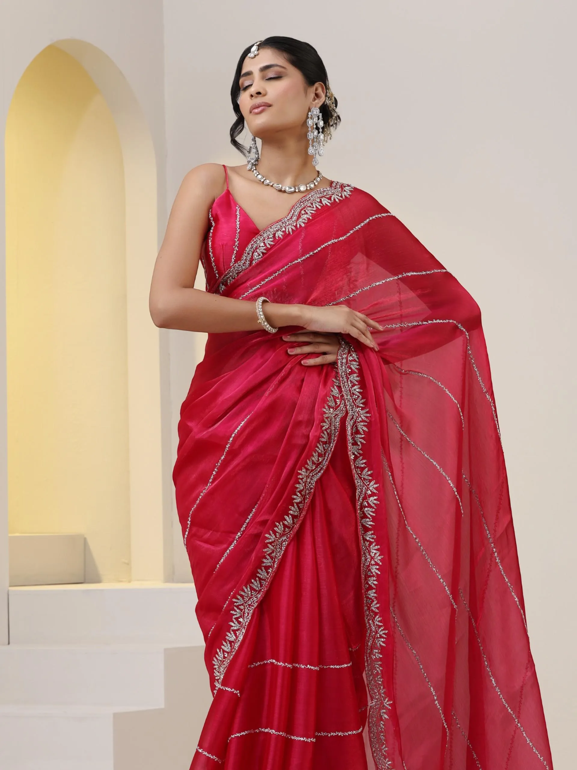 Pink Organza Chiffon Saree with Cut Dana Embroidery with Embroidered Blouse Fabric