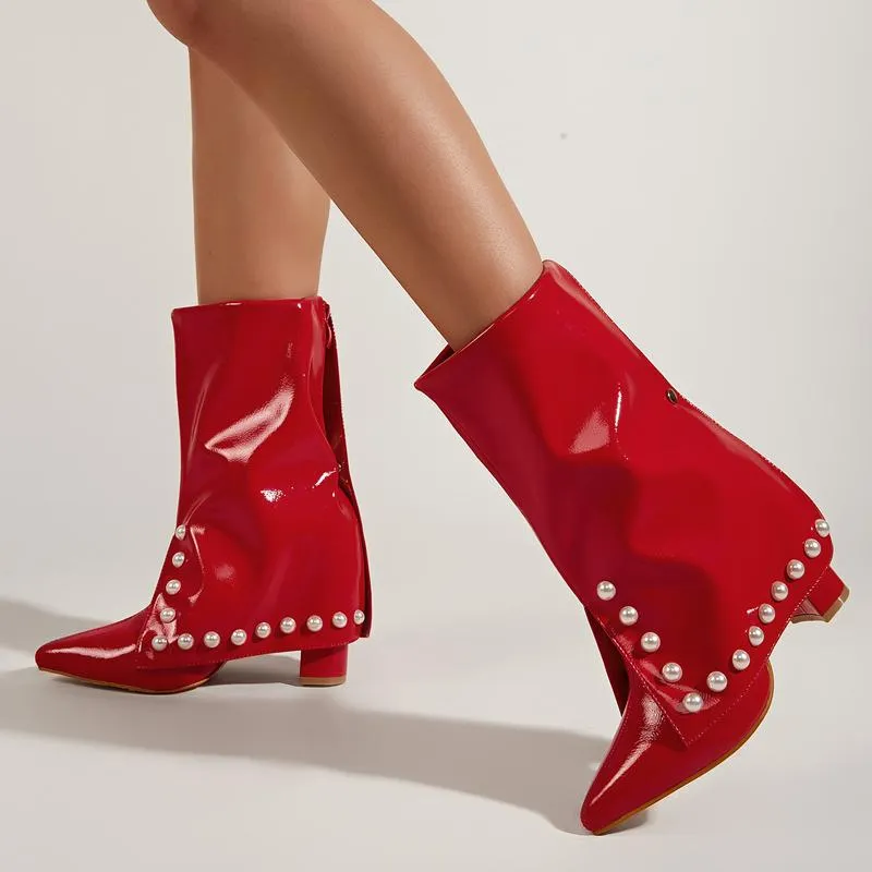 Pointed Toe Thick Heel Red Pearl Boots