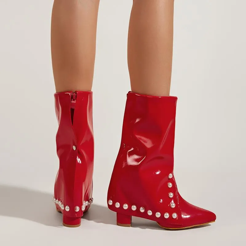 Pointed Toe Thick Heel Red Pearl Boots