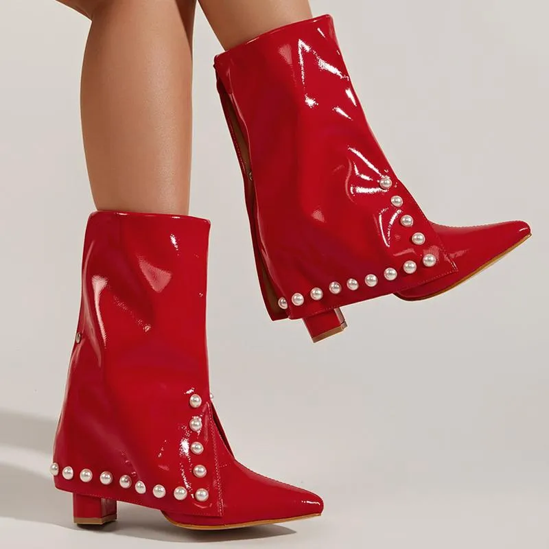 Pointed Toe Thick Heel Red Pearl Boots