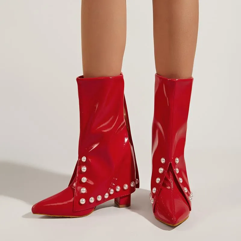 Pointed Toe Thick Heel Red Pearl Boots