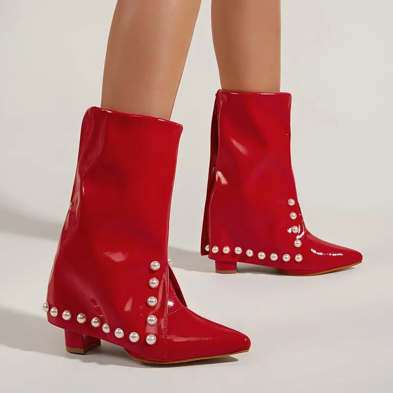 Pointed Toe Thick Heel Red Pearl Boots