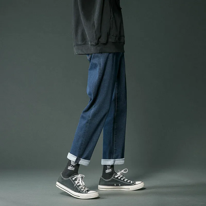 Pure Color Washed Jeans Men's Spring High Street Fashion Brand Baggy Straight Trousers Hong Kong Style Handsome Hip Hop Wide-Leg Casual Pants