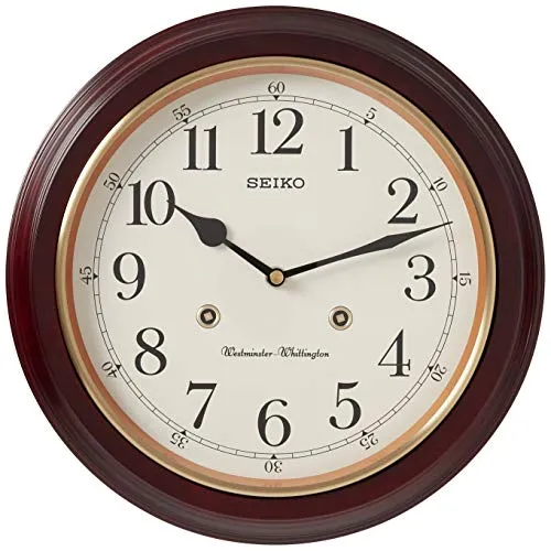 SEIKO Classic Round Analog Brown Wooden English Numbers Home Decor Hourly Chimes Musical Wall Clock (Size: 31.4 x 6.1x 31.4 CM | Weight: 1250 gram) QXH202ZN