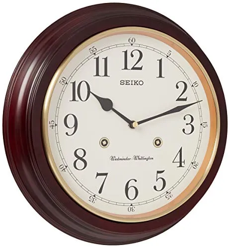 SEIKO Classic Round Analog Brown Wooden English Numbers Home Decor Hourly Chimes Musical Wall Clock (Size: 31.4 x 6.1x 31.4 CM | Weight: 1250 gram) QXH202ZN