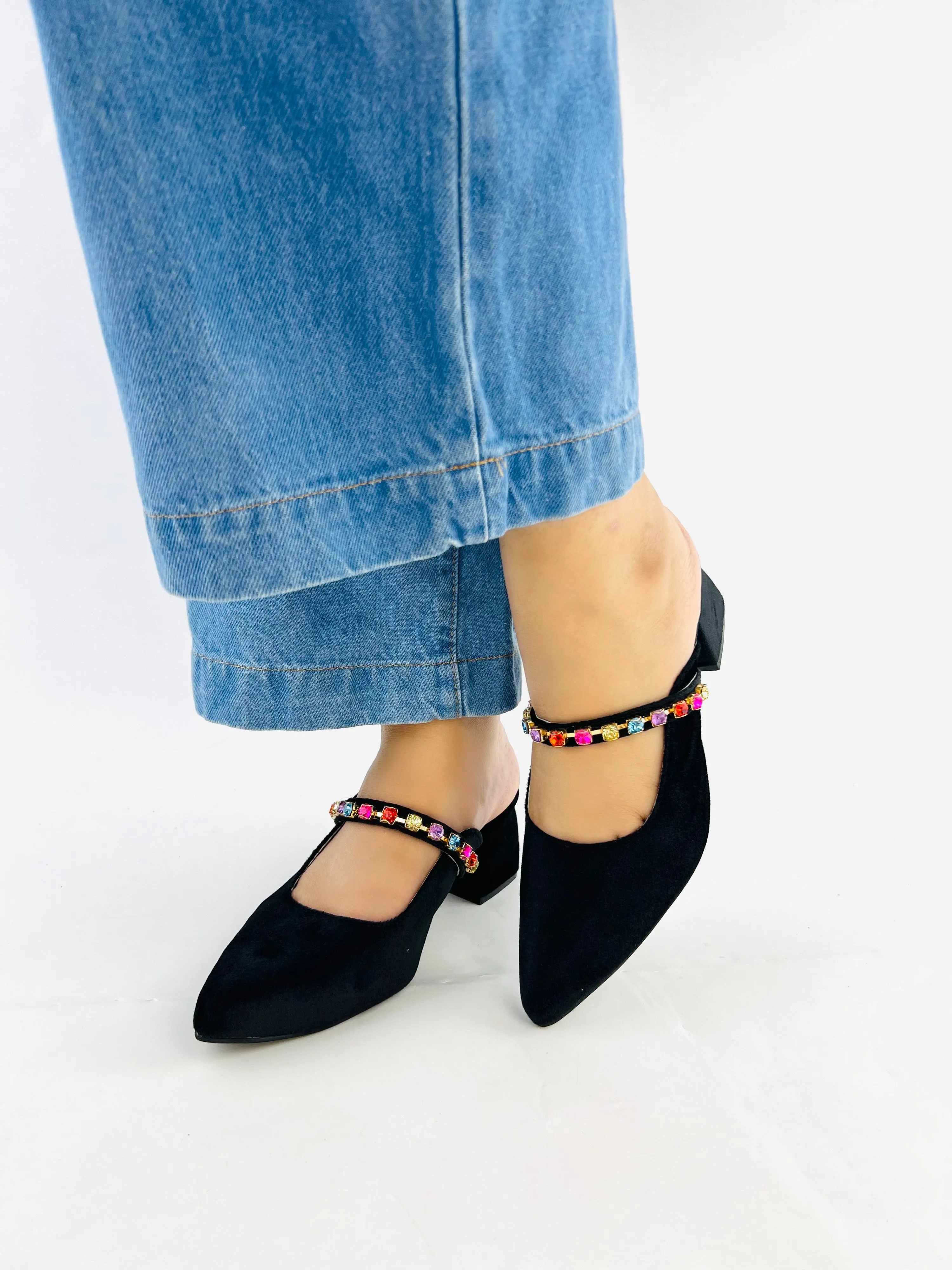 Spunkz Jewel Velvet Loafer Block Heel Shoes for Women