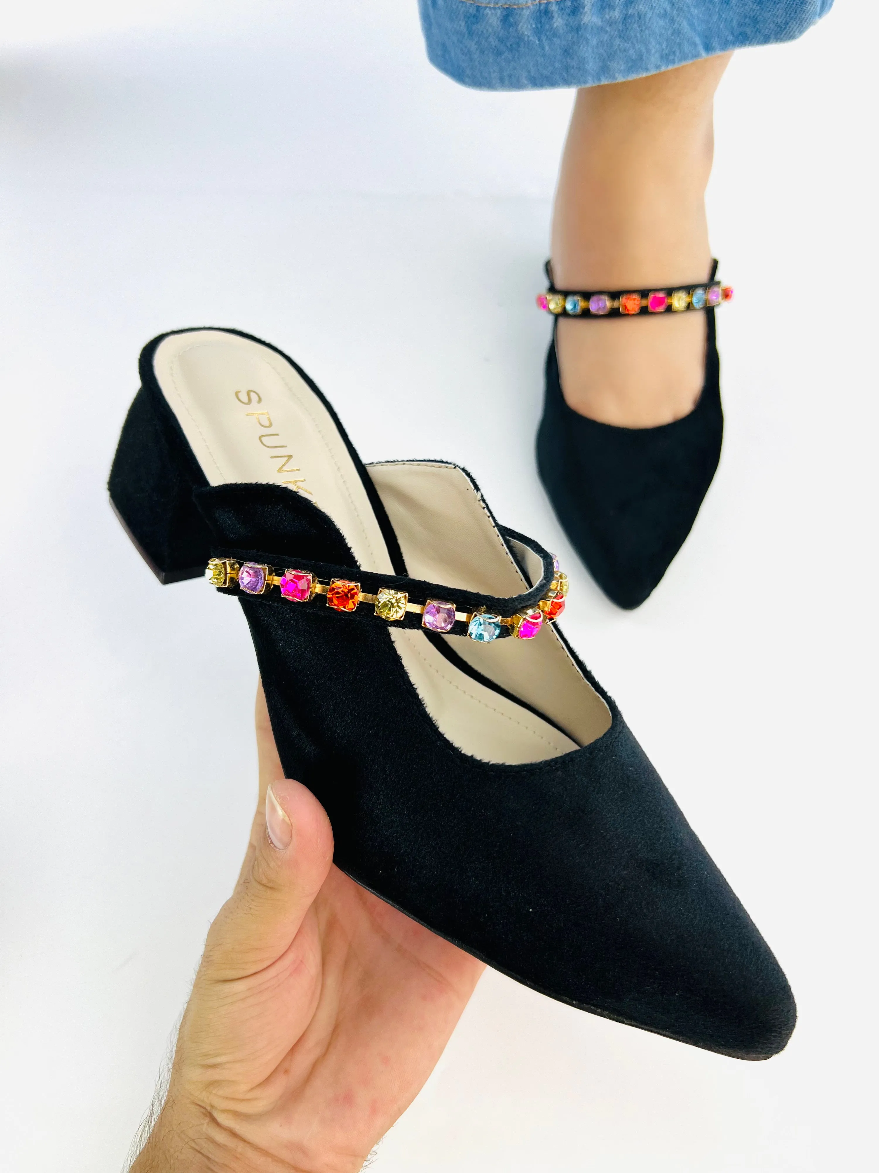 Spunkz Jewel Velvet Loafer Block Heel Shoes for Women