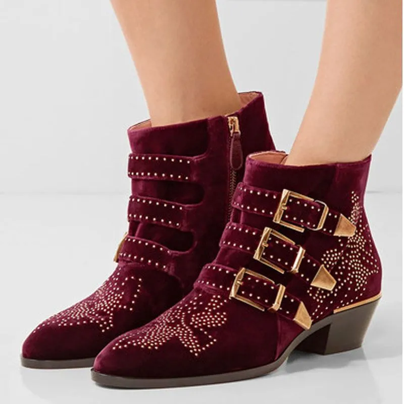 TEEK - Rivet Tri-Buckle Short Boots | Matte & Velvet