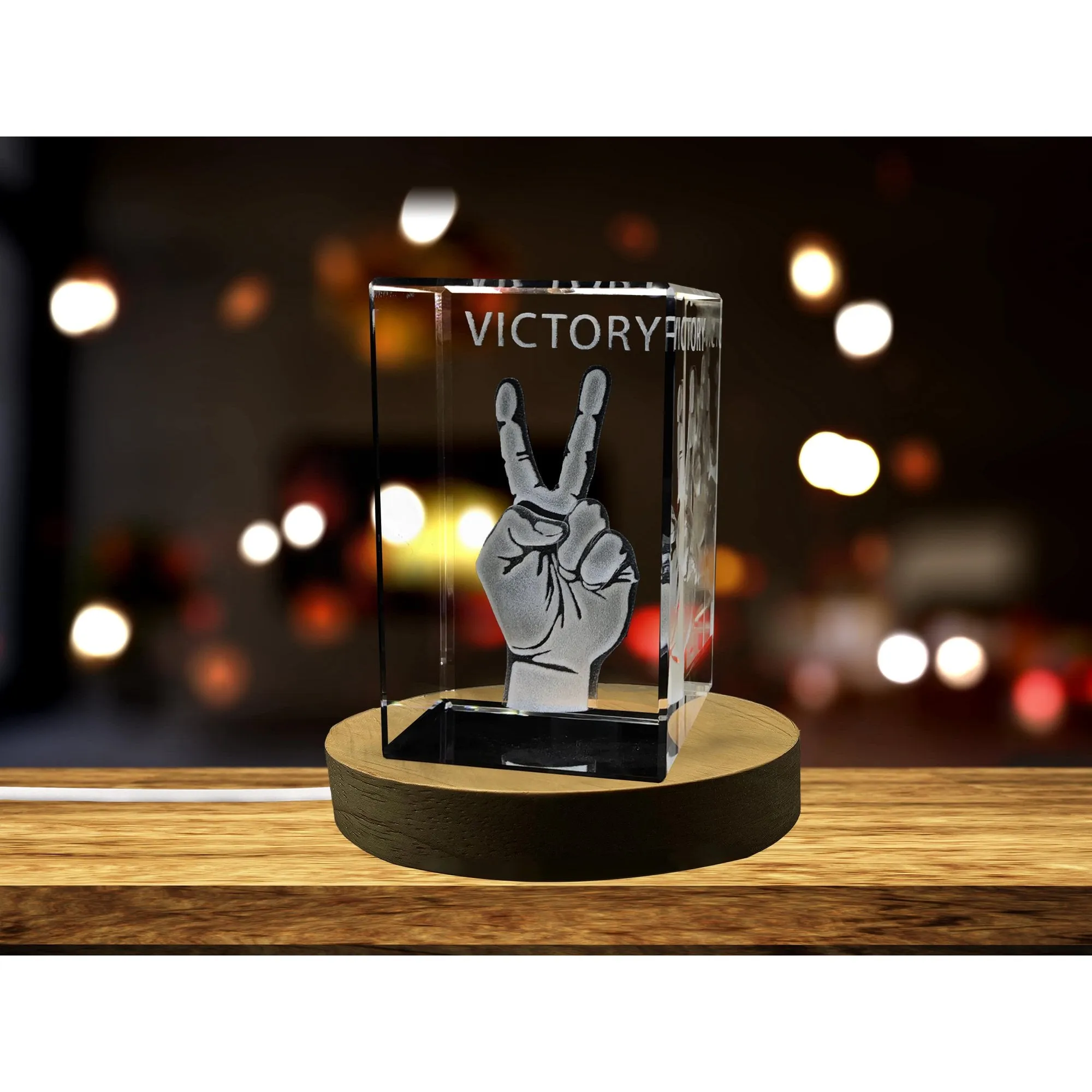 Victory Sign 3D Engraved Crystal Keepsake with LED Base Light