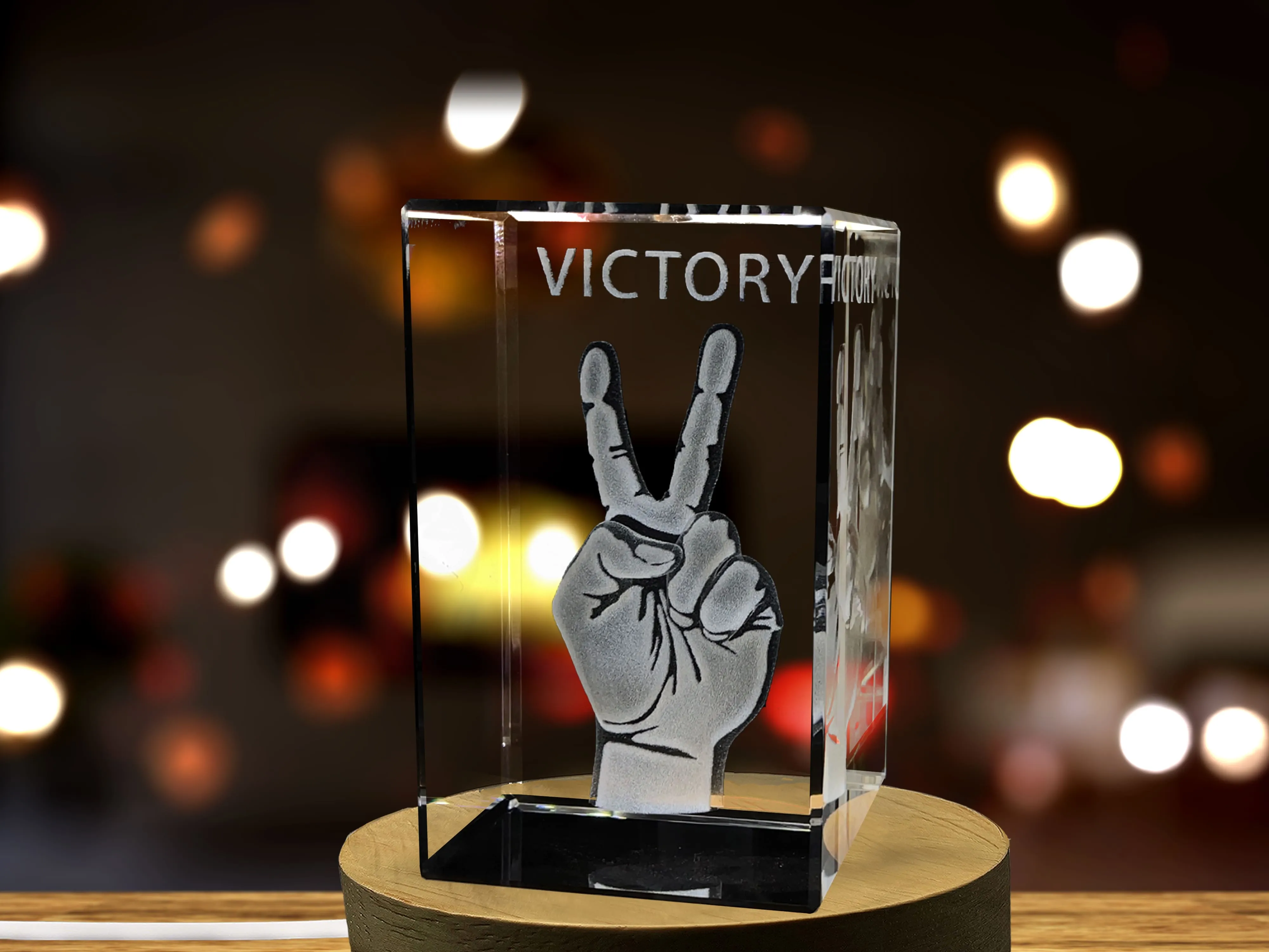 Victory Sign 3D Engraved Crystal Keepsake with LED Base Light