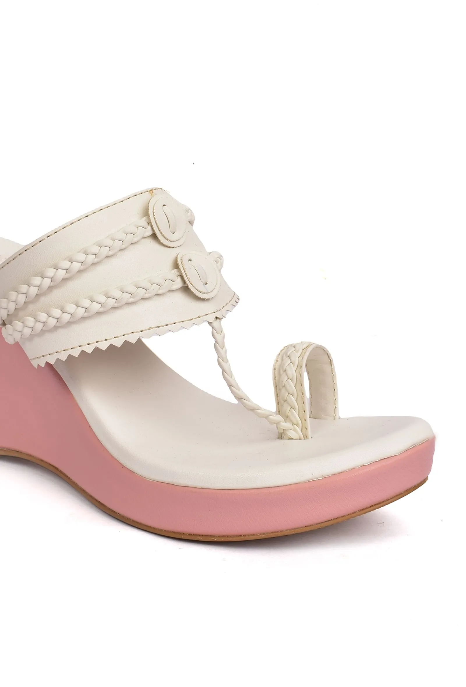 White and Pink Vegan Leather Kolhapuri Wedges