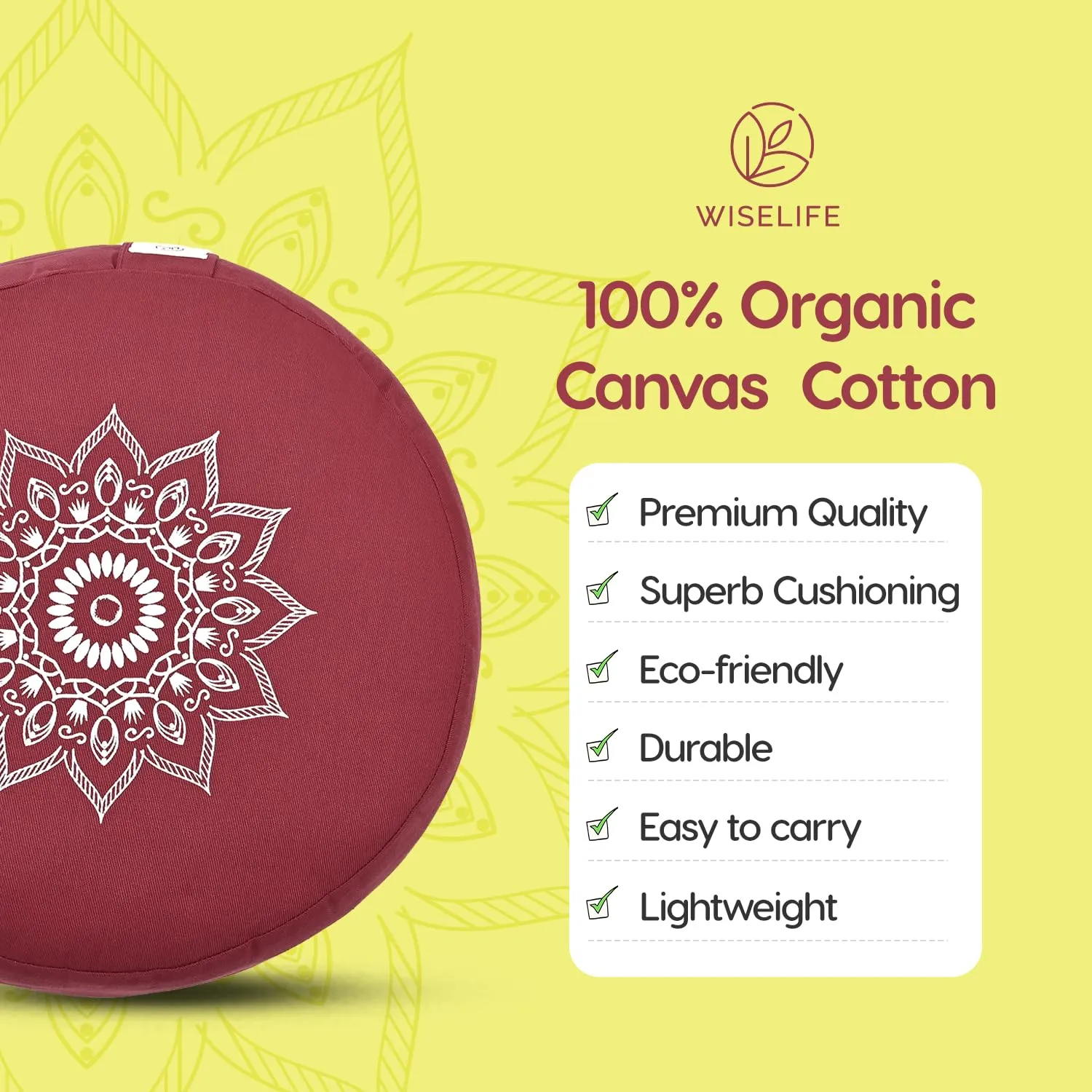 WiseLife Premium Cotton Yoga Meditation Cushion Round Floor Pillow with Carrying Handle | 100% Organic Cotton Washable and Removable Cushion Cover | For Yoga, Relaxation (Red)