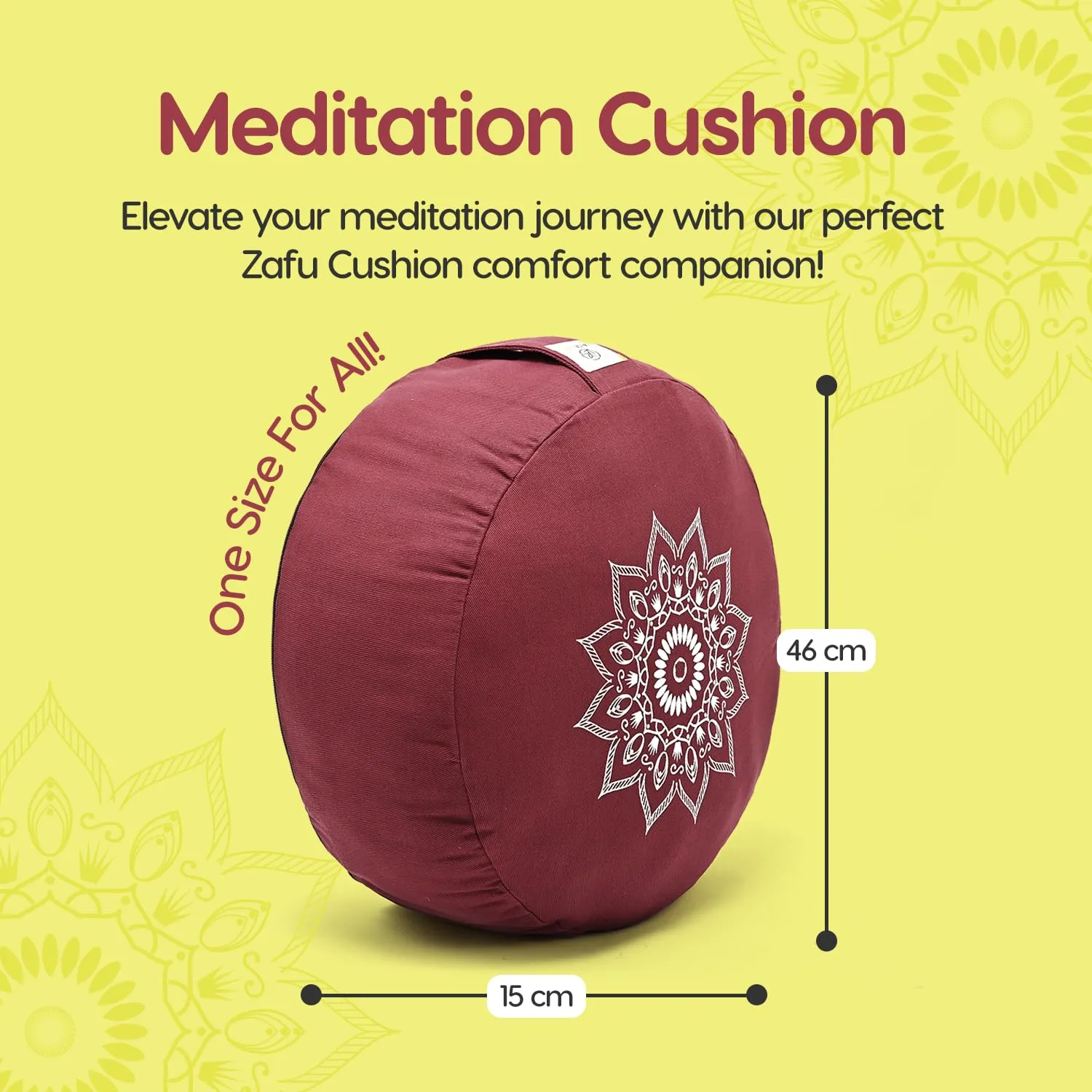 WiseLife Premium Cotton Yoga Meditation Cushion Round Floor Pillow with Carrying Handle | 100% Organic Cotton Washable and Removable Cushion Cover | For Yoga, Relaxation (Red)