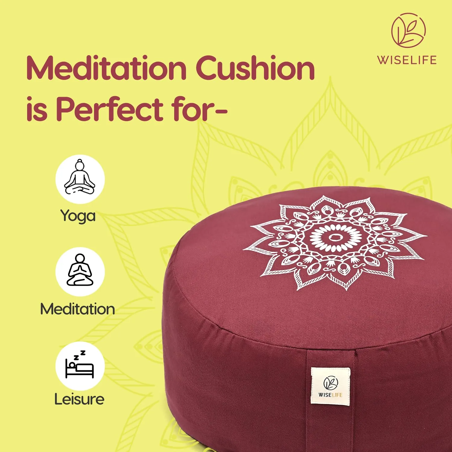 WiseLife Premium Cotton Yoga Meditation Cushion Round Floor Pillow with Carrying Handle | 100% Organic Cotton Washable and Removable Cushion Cover | For Yoga, Relaxation (Red)