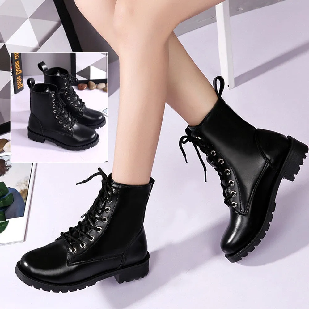  Women Fashion Solid Leather Middle Lace-Up Thick Martin Boots Round Toe Shoes  