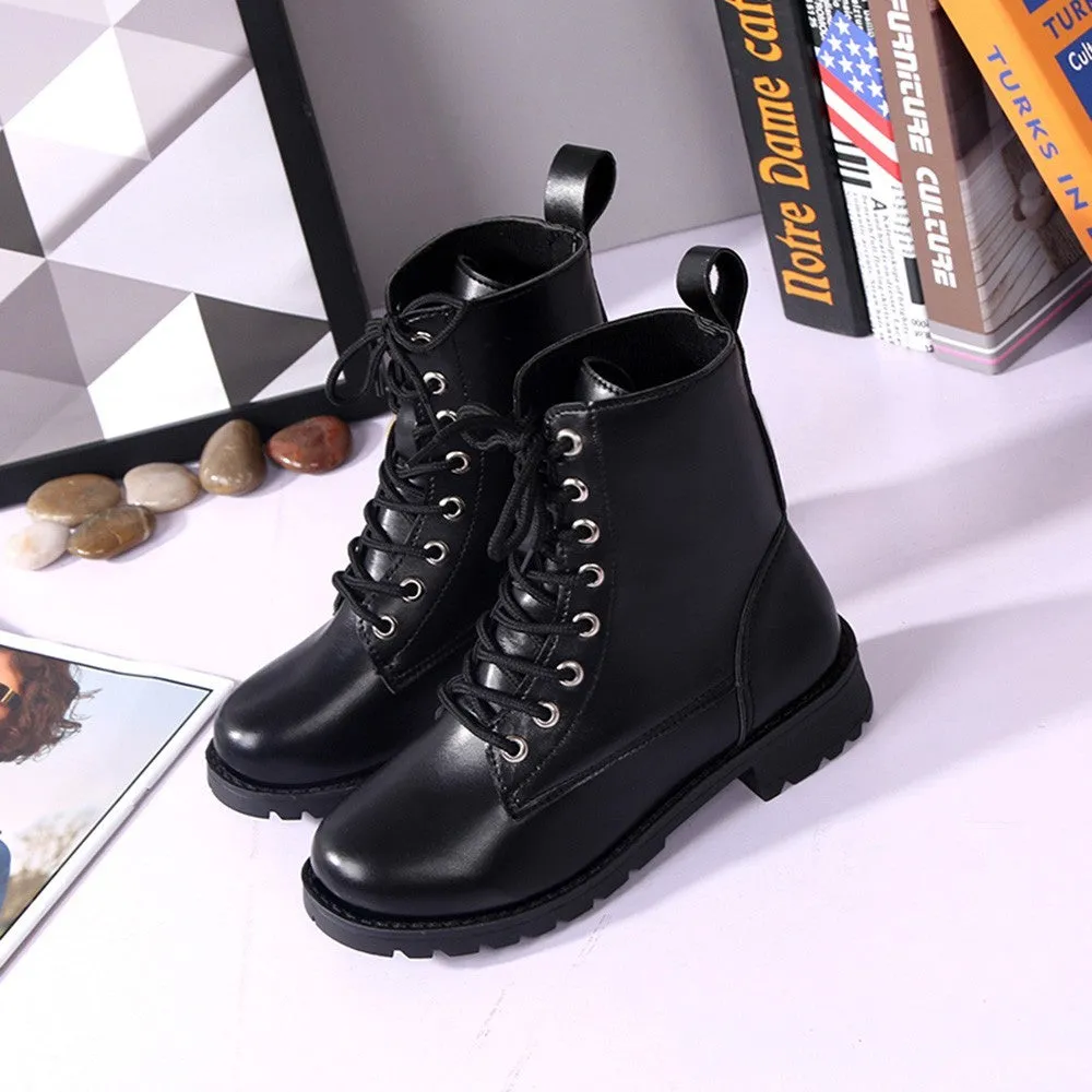  Women Fashion Solid Leather Middle Lace-Up Thick Martin Boots Round Toe Shoes  