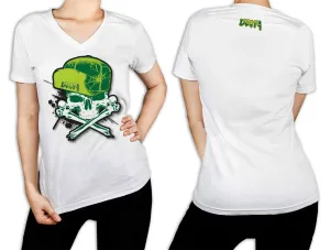 Women's White T-Shirt - Dirty Skull Flip Hat GREEN