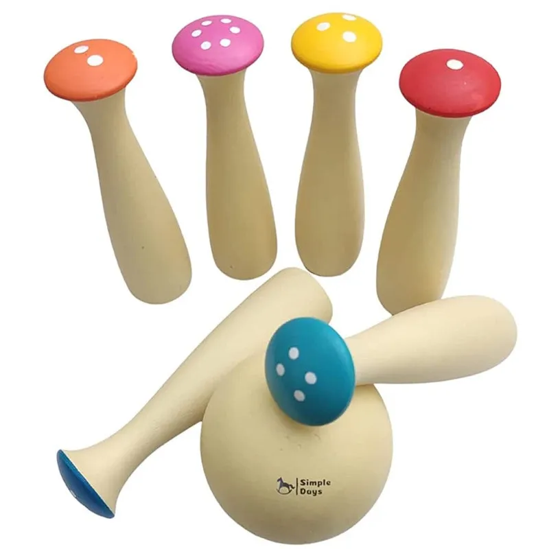 Wooden Bowling Pins Mushroom Design Bowling Set