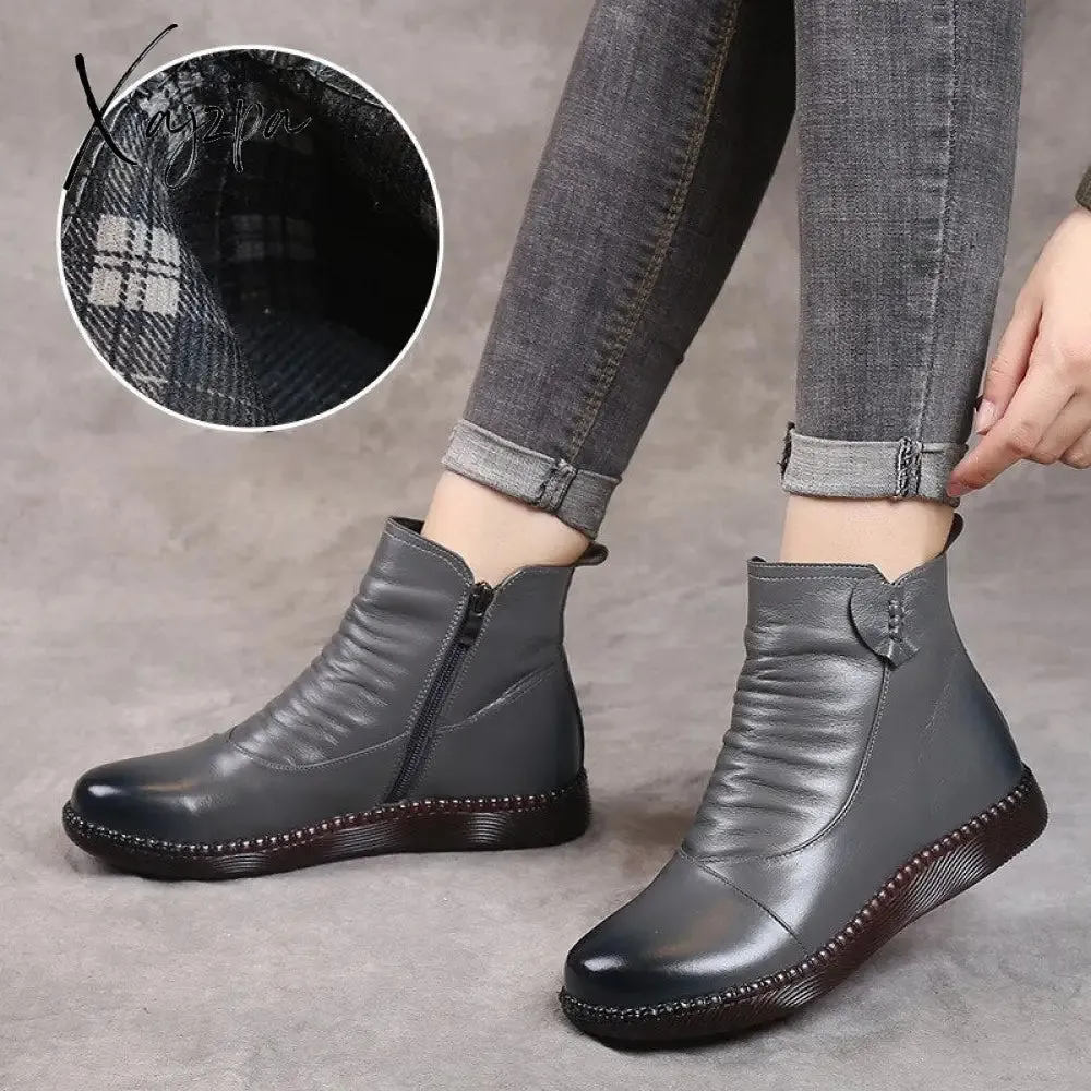 Xajzpa - Autumn Women&#39;s Shoes Leather Boots Women&#39;s Fashion Winter Boots Women&#39;s Flat Shoes Non-slip Warm Platform Shoes Women