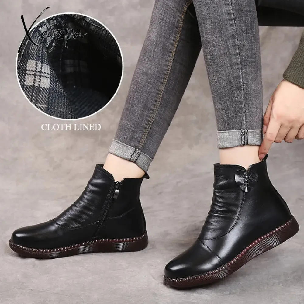 Xajzpa - Autumn Women&#39;s Shoes Leather Boots Women&#39;s Fashion Winter Boots Women&#39;s Flat Shoes Non-slip Warm Platform Shoes Women